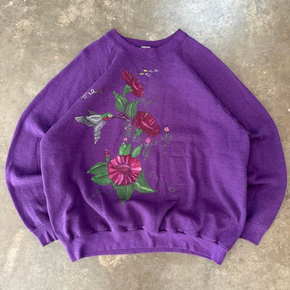 Vintage 90s Fruit of the Loom Purple Hummingbird Floral Raglan Sweatshirt Large